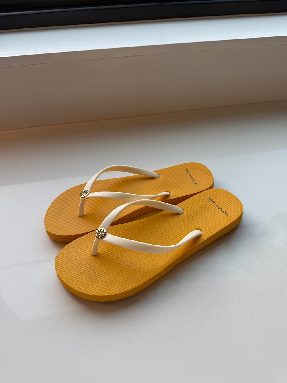 Tory Burch mustard yellow flip flops with white straps - Picture 2 of 5
